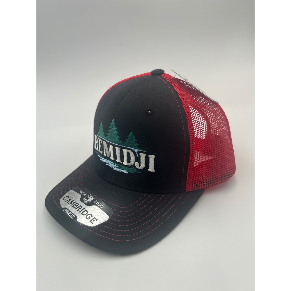 Cambridge PB222 Bemidji Trucker Hat Black Red Mesh Snapback Hat Embroidered Cap